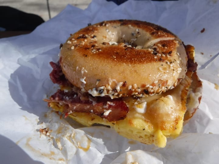 a good sandwich - pastrami, egg and cheese at krispy joe's